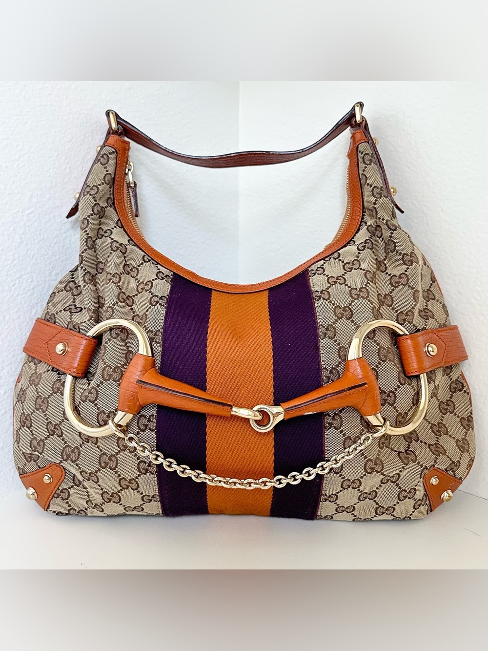 Gucci Vintage Horsebit Chain Monogram Hobo Bag in Orange and Purple